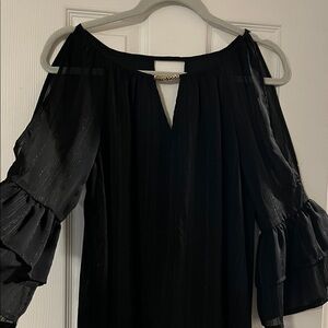 BCX Black Blouse with Ruffled Sleeves and Keyhole Detail